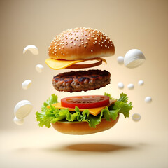 Flying Cheeseburger with Fresh Ingredients in Motion
