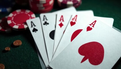 Four aces fanned out, showcasing their intricate details , gambling, black, background
