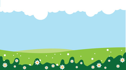Blooming Summer Meadow Landscape Flat Style. Nature scenery, plants and flowers vector art