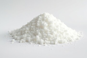 Pile of white granulated sugar on white background, dessert ingredient, sweet, sweetness