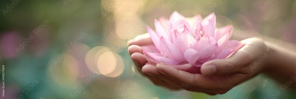 Poster close-up of hands offering a beautiful lotus flower against a soft, blurred background during a tran