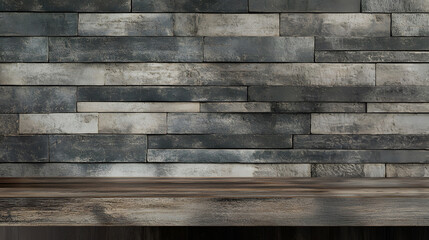 Front view of rustic wood counter and simple brick wall in warm tones, showcasing cozy bar interior with natural textures and inviting design atmosphere perfect for dining and decor themes