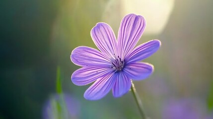 Fototapeta premium Blooming purple violet flower with thin petals and stamen on blurred green background close-up. Natural nature