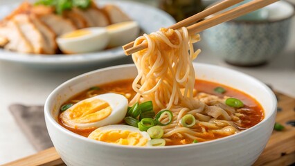Steaming Chicken Ramen with Soft Boiled Egg Noodles Lifted in Rich Broth