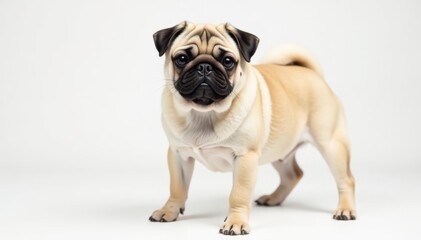 Playful pug, standing, facing forward, white background, isolated, playful