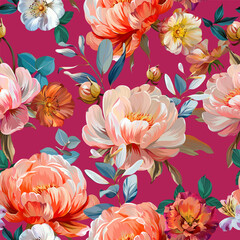 Pattern peonies flowers and roses. Vector pattern floral summer flowers peonies, roses, rose hips. For paper, fabric, packaging, interior design © Alaska_artworks