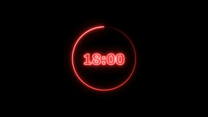 Digital countdown timer neon bright red color 4k illustration of 18 second transparent on black background. 18 seconds digital timer 4k illustration.