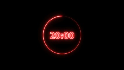 Digital countdown timer neon bright red color 4k illustration of 20 second transparent on black background. 20 seconds digital timer 4k illustration.