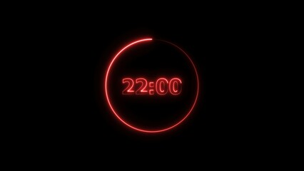 Digital countdown timer neon bright red color 4k illustration of 22 second transparent on black background. 22 seconds digital timer 4k illustration.