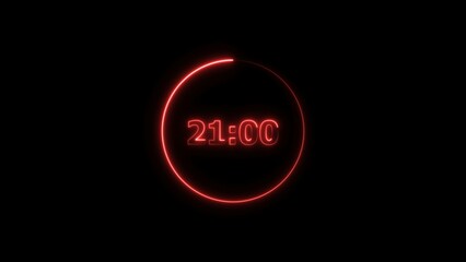 Digital countdown timer neon bright red color 4k illustration of 21 second transparent on black background. 21 seconds digital timer 4k illustration.