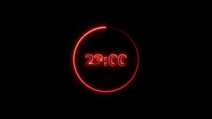Digital countdown timer neon bright red color 4k illustration of 23 second transparent on black background. 23 seconds digital timer 4k illustration.