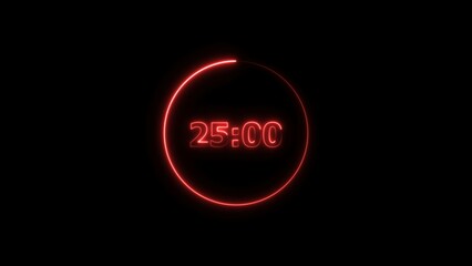 Digital countdown timer neon bright red color 4k illustration of 25 second transparent on black background. 25 seconds digital timer 4k illustration.