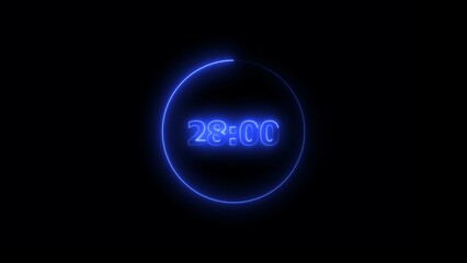 Digital countdown timer neon bright magenta red color 4k illustration of 28 second transparent on black background. 28 seconds digital timer 4k illustration
