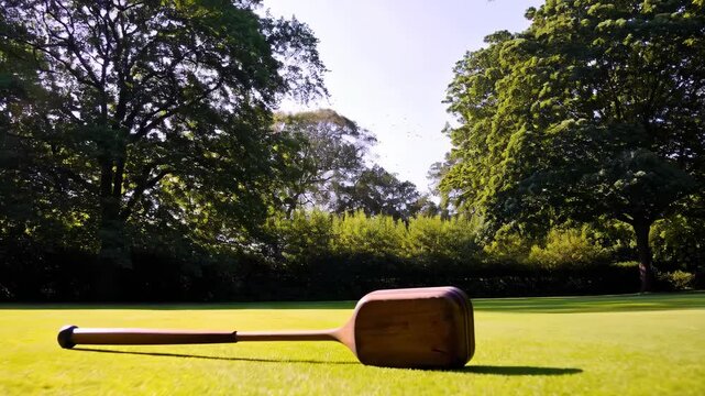 Wooden croquet mallet resting on the green grass in a lawn, surrounded by trees under sunny summer sky.