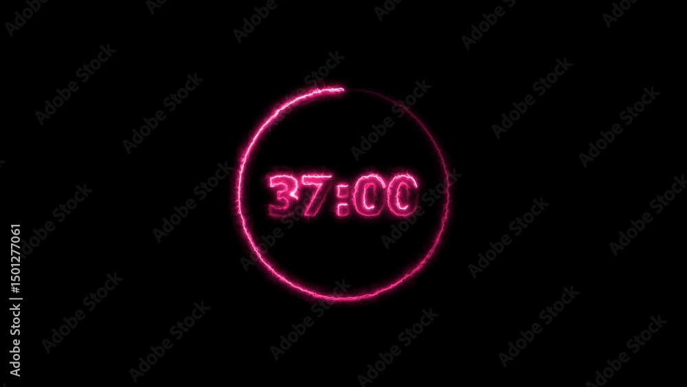 Poster digital countdown timer neon bright magenta red color animation of 37 second transparent on black ba