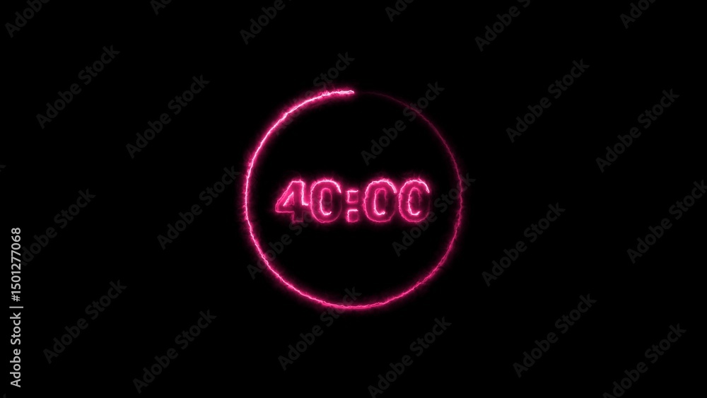 Poster digital countdown timer neon bright magenta red color animation of 40 second transparent on black ba