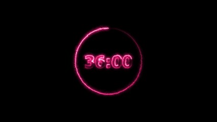 Digital countdown timer neon bright magenta red color animation of 36 second transparent on black background. 36 seconds digital timer animation.