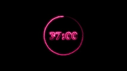 Digital countdown timer neon bright magenta red color animation of 37 second transparent on black background. 37 seconds digital timer animation.