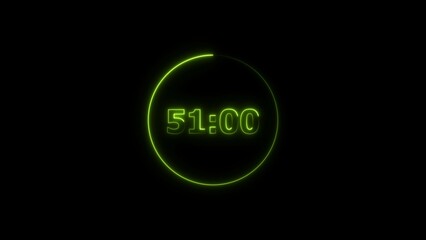 Digital countdown timer neon bright lime green color 4k illustration of 51 second transparent on black background. 51 seconds digital timer 4k illustration. 