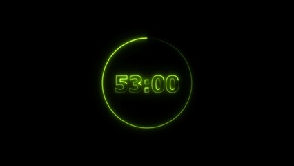 Digital countdown timer neon bright lime green color 4k illustration of 53 second transparent on black background. 53 seconds digital timer 4k illustration. 
