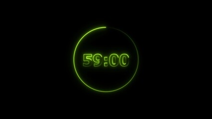Digital countdown timer neon bright lime green color 4k illustration of 59 second transparent on black background. 59 seconds digital timer 4k illustration. 