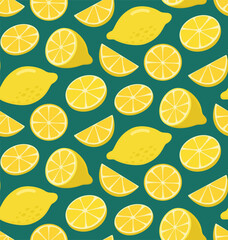Seamless pattern with whole and sliced ​​lemon fruits. Turquoise background of citrus