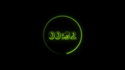 Digital countdown timer neon bright lime green color 4k illustration of 32 second transparent on black background. 32 seconds digital timer 4k illustration. 