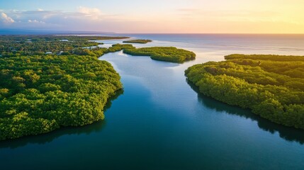 Fototapeta premium Bottom-up view green mangrove forest canopy. Natural carbon sink fight climate change. Sustainability in carbon-neutral ecosystems. Green and sustainable environment. Natural carbon capture solution.
