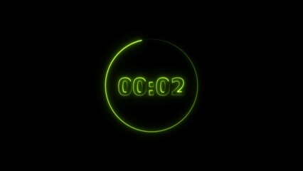 Digital countdown timer neon bright lime green color 4k illustration of 2 second transparent on black background. 2 seconds digital timer 4k illustration. 