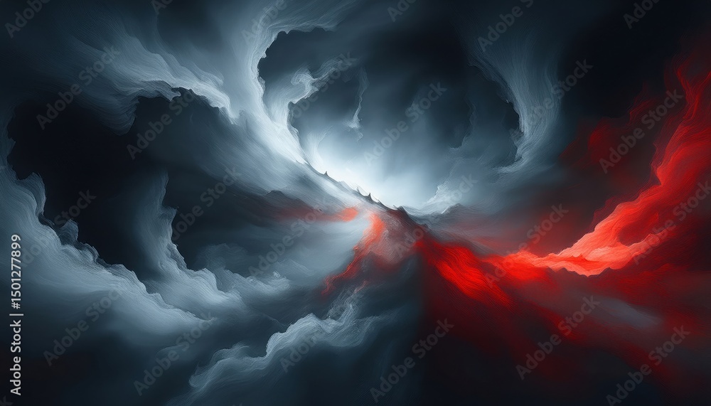Poster abstract clash of red and black smoke clouds with glowing white core swirl for digital art, branding