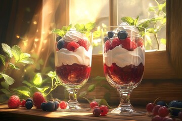 Two dessert glasses filled with berry and cream parfaits.