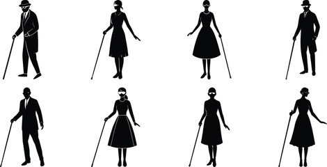 Blind man and women walking silhouette vector illustration set