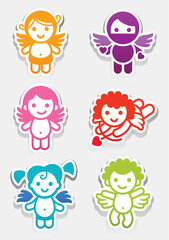Colored stickers angels. set icons, collection cupids signs, .Colorful Cute Baby Angels and Cupids Sticker Set – Vector Cartoon Characters with Wings