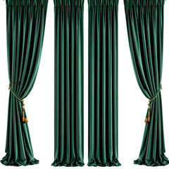 View of three green velvet curtains with tiebacks and tassels against a black background isolated with white background