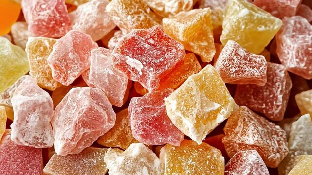 Closeup of vibrant candied fruit with sugary texture in dynamic focus shift