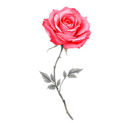A single pink rose with a gray stem and leaves isolated on a black background in a watercolor style isolated with white background