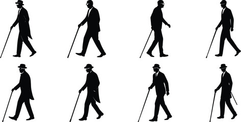 Blind man and women walking silhouette vector illustration set