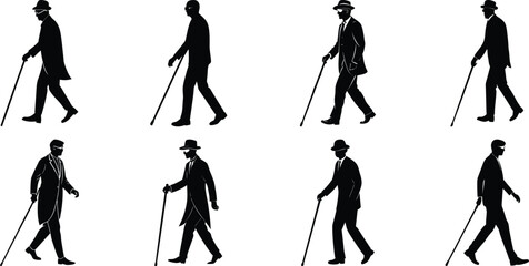 Obraz premium Blind man and women walking silhouette vector illustration set