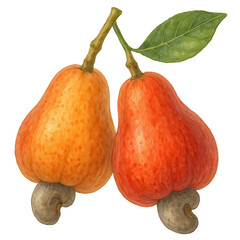 Realistic watercolor illustration of two cashew apples with cashew nuts and green leaf