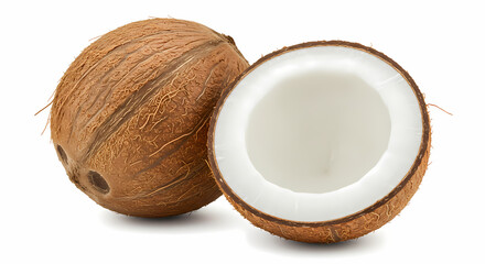 Whole coconut with half of it split, isolated on clean white background