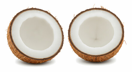 Ripe coconut split in half, isolated on white background