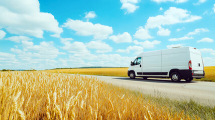 Low panoramic view of yellow cereal farmland and electric van on the road