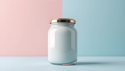A glass jar with a gold lid on a pastel colored background
