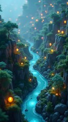 Serene river winds through illuminated mountains during twilight in a tranquil landscape vertical