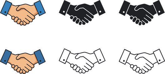 Business agreement handshake icon set. Containing relation, cooperation, contract deal, success, greeting, respect, teamwork, friendship, partnership, trust, welcome. Vector illustration