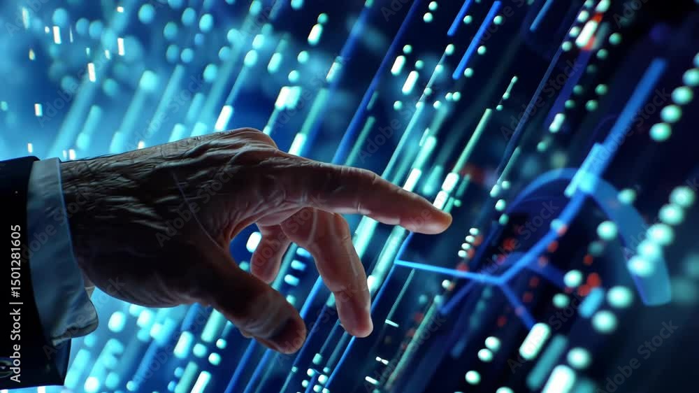 Poster close-up of a human hand interacting with an advanced digital interface on a screen, featuring virtu