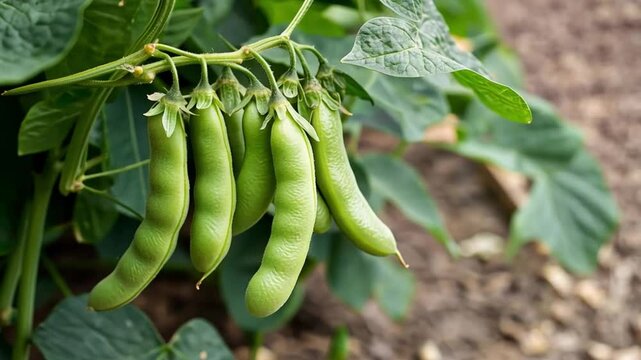 Green beans growing on plant with dewdrops in lush garden