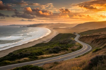 A winding road travels along the coast at sunset, showing a beautiful beach and grassy hills under a colorful sky with warm light.