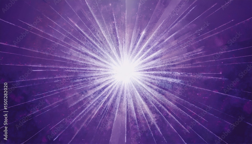 Poster radiant white explosion on deep purple cosmic background with light burst lines for web design, post