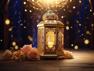 "Elegant Golden Lantern with Festive Lights for Ramadan or Eid Decor"